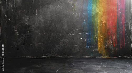 A creative image featuring a dark  scratched surface with vivid  vertical rainbow colors streaming down.
