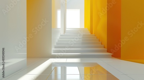 modern  minimalist room with a white staircase leading up to a bright yellow wall.