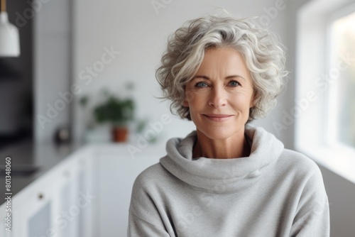 Portrait of a satisfied woman in her 60s dressed in a comfy fleece pullover isolated in modern minimalist interior Free Download Portrait of a satisfied woman in her 60s dressed in a comfy fleece pullover isolated in modern minimalist interior - GFXLoad