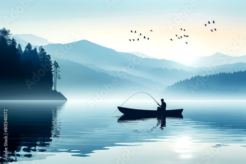 A man is fishing in a lake with a beautiful mountain backdrop