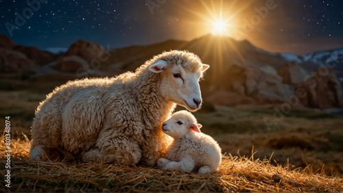 A newborn lamb and its mother resting in a nativity scene,  with the Star of Bethlehem shining in the night sky behind them.