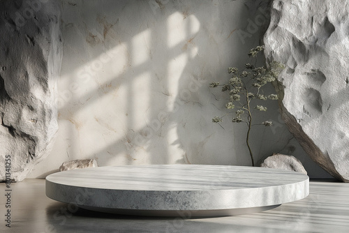 Stone podium for display product. Background for cosmetic product branding, identity and packaging.  Product placement mockup design background. 