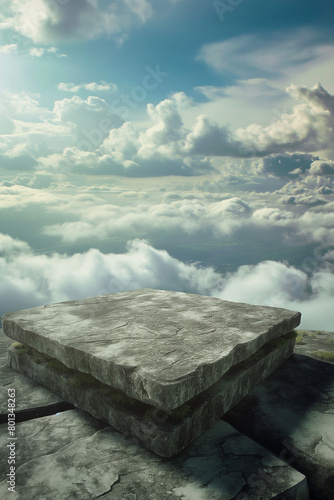 Stone podium for display product surrounded by clouds and sky. Background for cosmetic product branding, identity and packaging.  Product placement mockup design background. 
