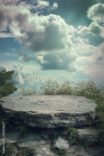 Stone podium for display product surrounded by plants, clouds and sky. Background for cosmetic product branding, identity and packaging.  Product placement mockup design background. 