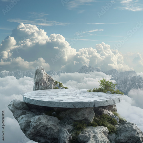 Stone podium for display product surrounded by clouds and sky. Background for cosmetic product branding, identity and packaging.  Product placement mockup design background. 