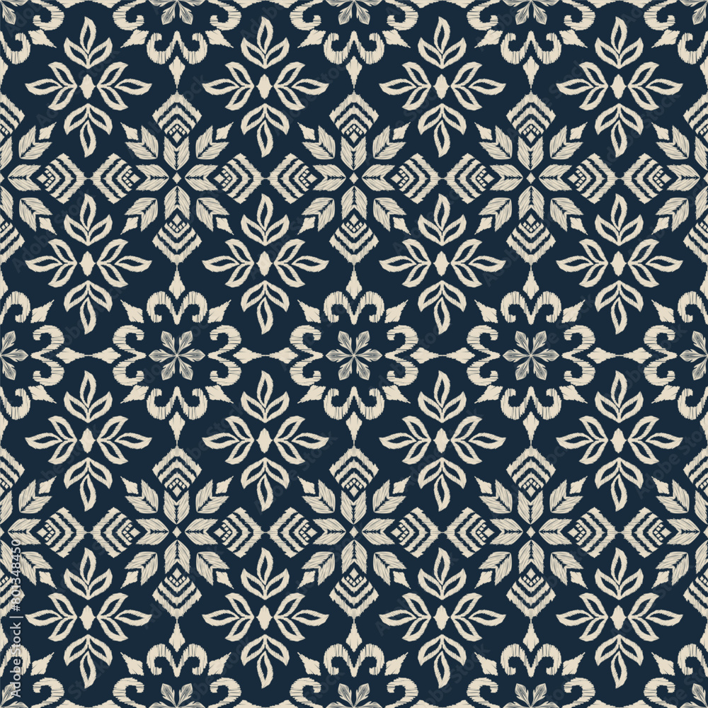 Ethnic pattern seamless with Thai Ikat floral paisley embroidery indigo background, motifs geometric traditional style abstract vector illustration.design for texture,fabric,clothing,wrapping Ethnic pattern seamless with Thai Ikat floral paisley embroidery indigo background, motifs geometric traditional style abstract vector illustration.design for texture,fabric,clothing,wrapping