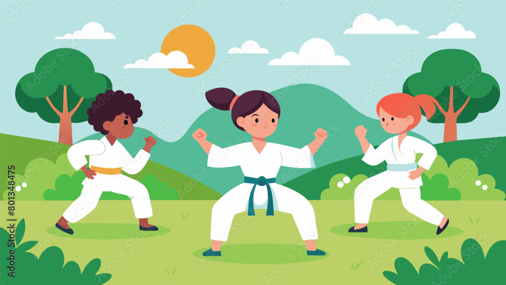 A group of children practicing in a park surrounded by nature and emphasizing the holistic health benefits of youth karate classes.