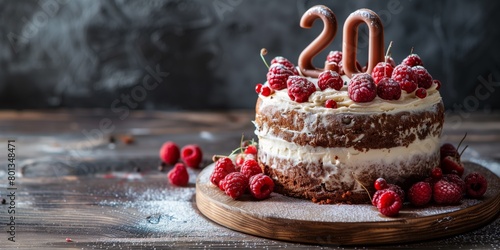 A rich and decadent naked cake topped with raspberries and red currants, displaying number 20. photo