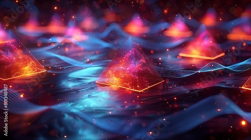 Illustrate an energetic scene of floating holographic triangles scattered across a dark background, with each triangle rotating slowly to display a full range of chromatic shifts.