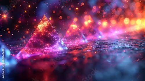 Illustrate an energetic scene of floating holographic triangles scattered across a dark background, with each triangle rotating slowly to display a full range of chromatic shifts.