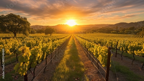 The setting sun casts a golden glow over row upon row of grapevines in a sprawling vineyard, symbolizing a rich harvest season. Resplendent.