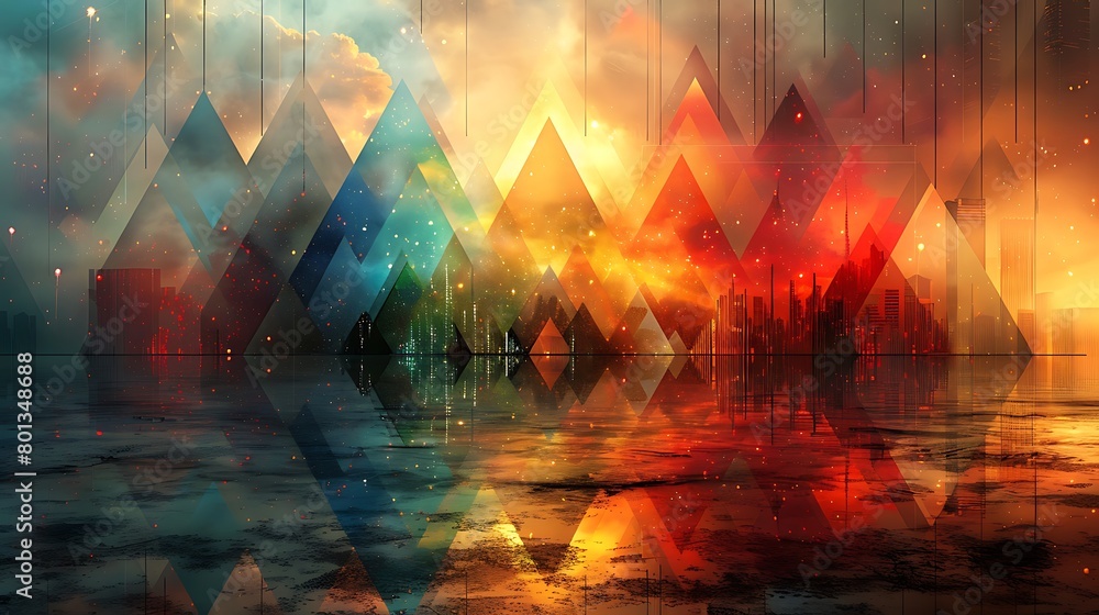 Fototapeta premium Produce a bold and modern digital art piece featuring a grid of precisely aligned holographic triangles.
