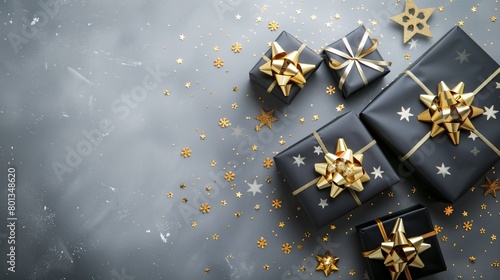 Elegant dark gray backdrop featuring multiple black gift boxes with golden bows, surrounded by golden starry confetti.
