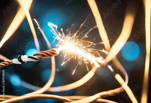 'wires copper insulated two spark electrical arc conductor wire cable flash smoke burn energy blue bright electricity current voltage high amper amp volt cord hot dangerous danger' photo