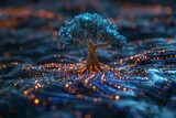 Illuminated tree on a circuit board landscape, glowing connections mimicking roots under a twilight hue. Concept of technology, nature fusion, and futuristic art.
