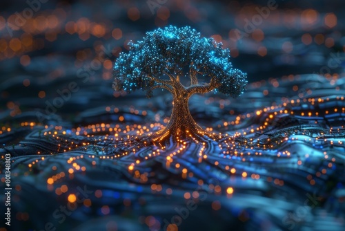 Illuminated tree on a circuit board landscape, glowing connections mimicking roots under a twilight hue. Concept of technology, nature fusion, and futuristic art. 