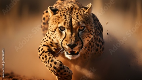 A sleek cheetah gracefully dashing through the dirt photo