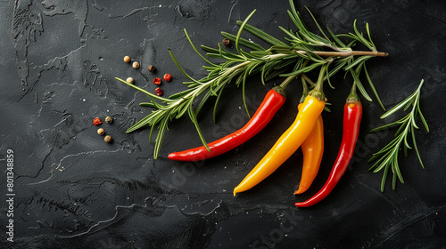 Fresh rosemary and colorful peppers on black background, top view