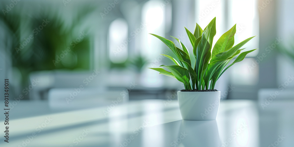 Close up of a white table with green plants in a modern office conference room, Generative AI