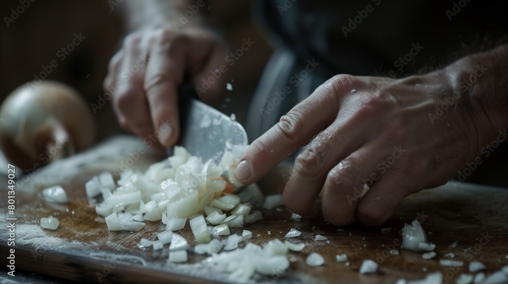 Close-up view of a person's hands finely chopping onions on a wooden cutting board