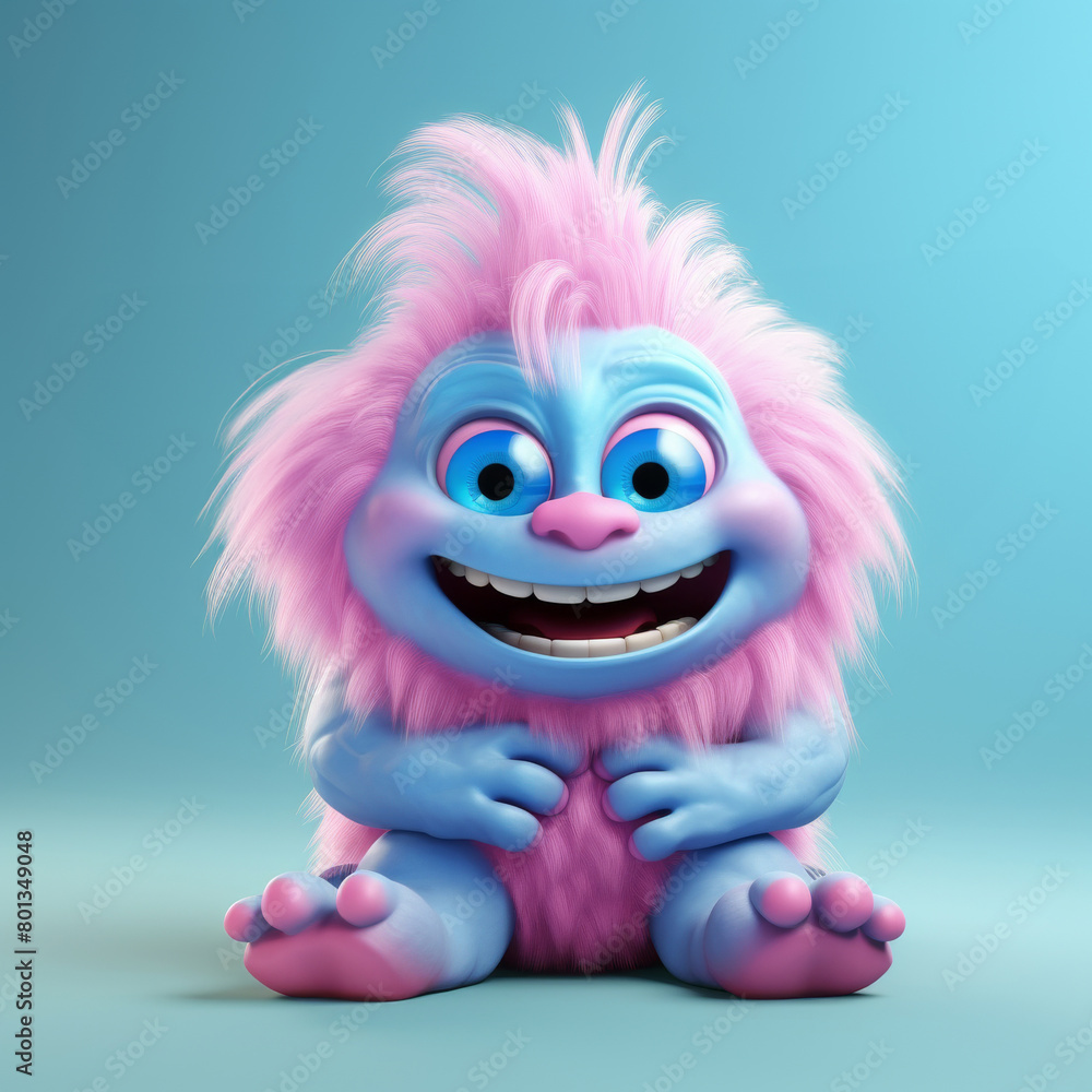 An adorable 3D cartoon model of a small monster with fluffy fur, a red nose, and small teeth is smiling with a friendly and innocent face. An adorable 3D cartoon model of a small monster with fluffy fur, a red nose, and small teeth is smiling with a friendly and innocent face.