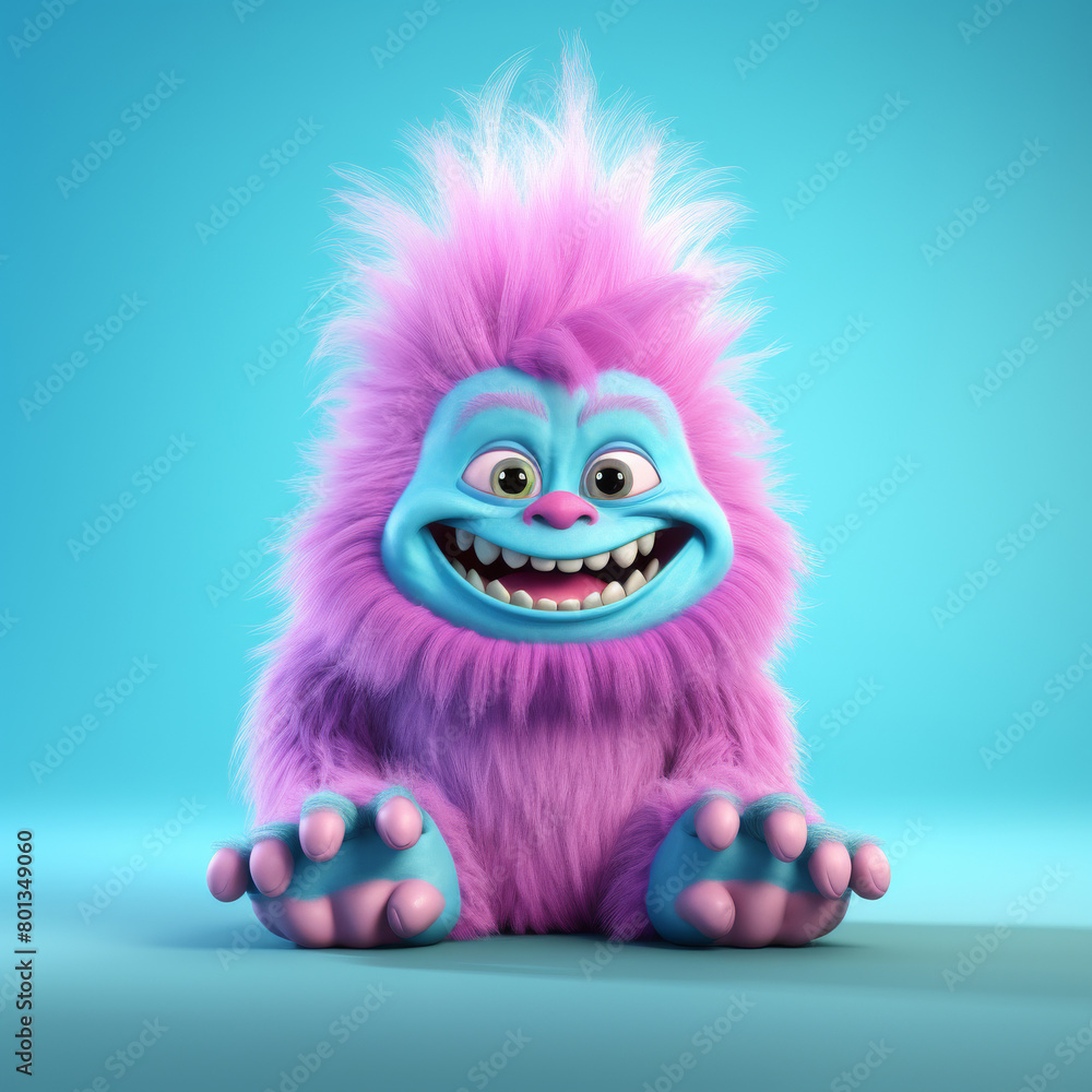 An adorable 3D cartoon model of a small monster with fluffy fur, a red nose, and small teeth is smiling with a friendly and innocent face. An adorable 3D cartoon model of a small monster with fluffy fur, a red nose, and small teeth is smiling with a friendly and innocent face.