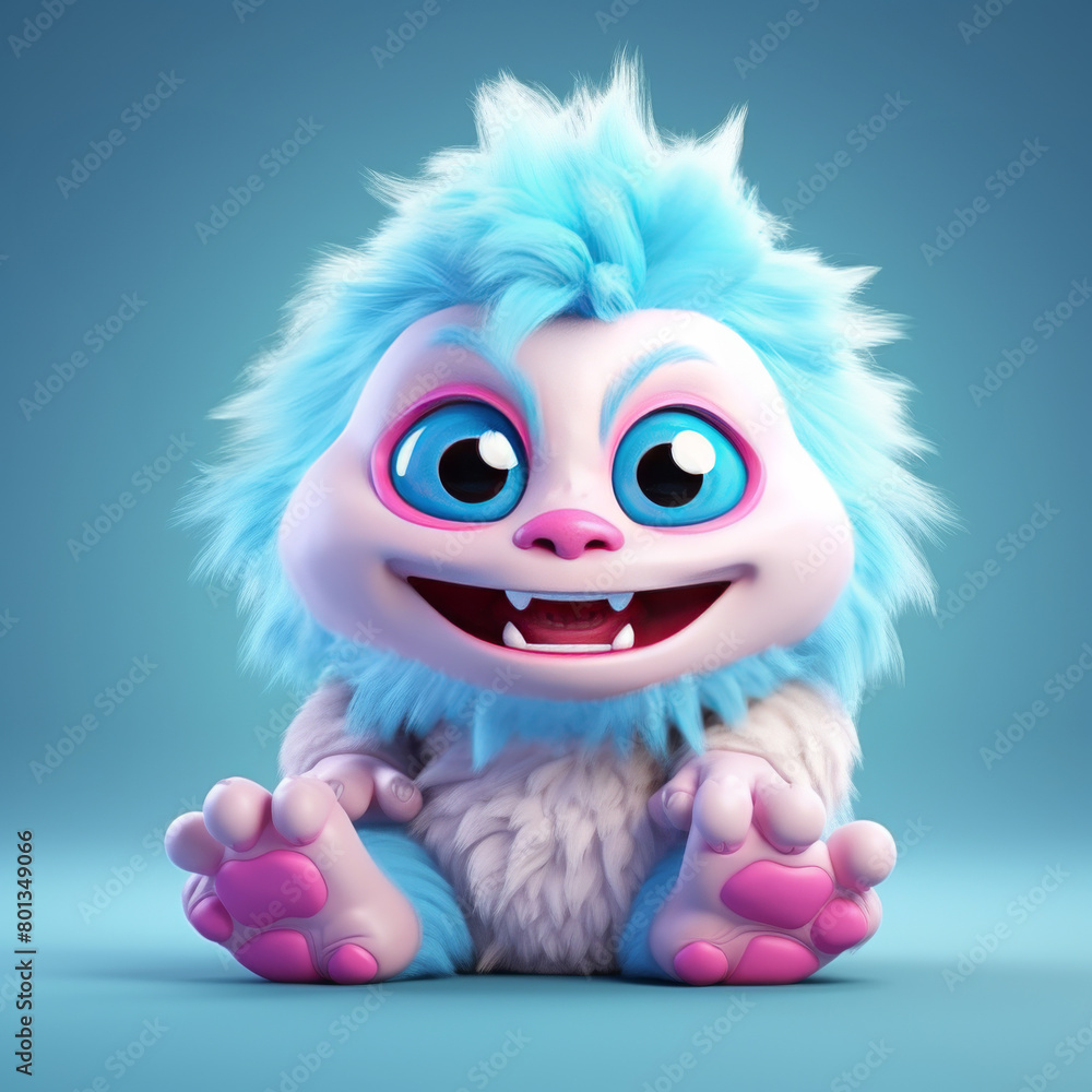 An adorable 3D cartoon model of a small monster with fluffy fur, a red nose, and small teeth is smiling with a friendly and innocent face. An adorable 3D cartoon model of a small monster with fluffy fur, a red nose, and small teeth is smiling with a friendly and innocent face.