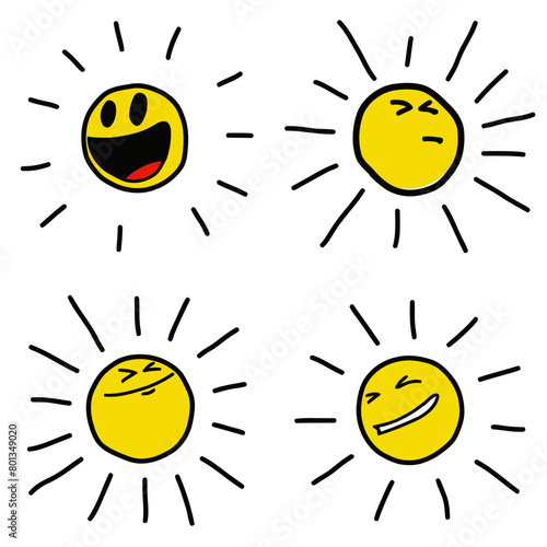 Cartoon happy sun with surprised, excited, ignore, proud and succesful expression. Vector for kids, children, drawing book, cheerful, yellow emoji or emoticon illustration.
