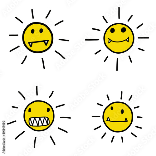 Cartoon happy sun with toothy vampire or monster, child or toddler hand drawn drawing. Vector for kids, children, drawing book, cheerful, yellow emoji or emoticon illustration.
