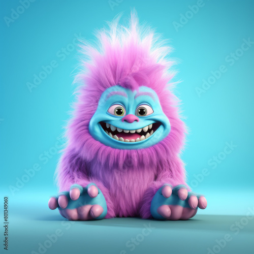 An adorable 3D cartoon model of a small monster with fluffy fur, a red nose, and small teeth is smiling with a friendly and innocent face.