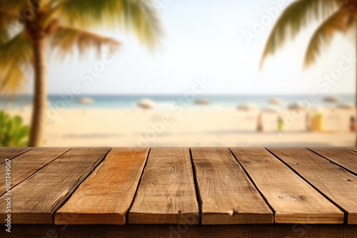 A photo of an empty wooden table with a tiki beach bar blurred background Generative AI