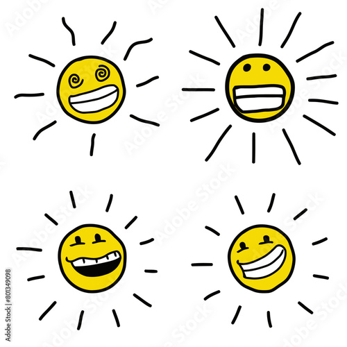 Cartoon happy sun with sick, drunk, dizzy, grinning, awkward and forced laugh. Vector for kids, children, drawing book, cheerful, yellow emoji or emoticon illustration.
