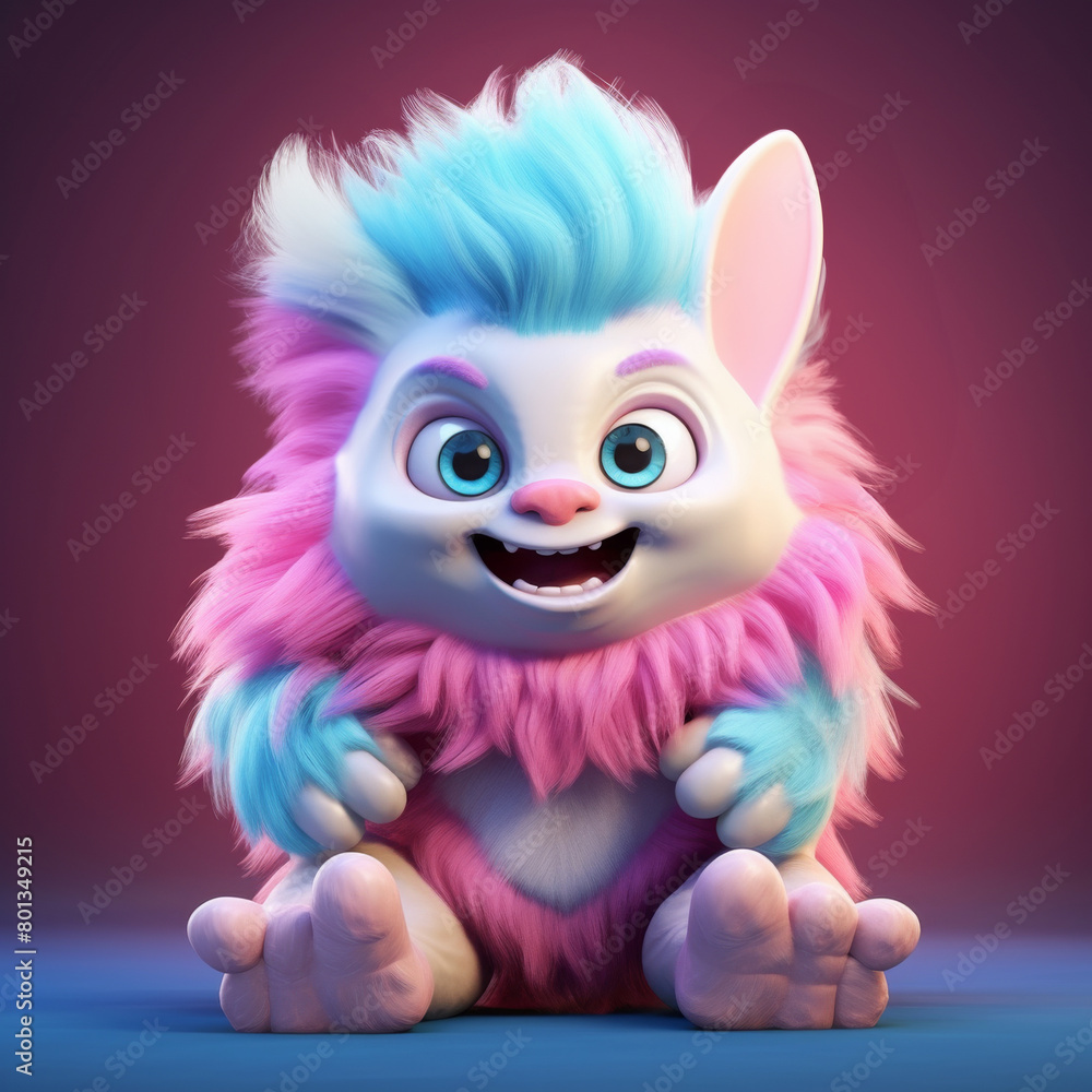 An adorable 3D cartoon model of a small monster with fluffy fur, a red nose, and small teeth is smiling with a friendly and innocent face. An adorable 3D cartoon model of a small monster with fluffy fur, a red nose, and small teeth is smiling with a friendly and innocent face.