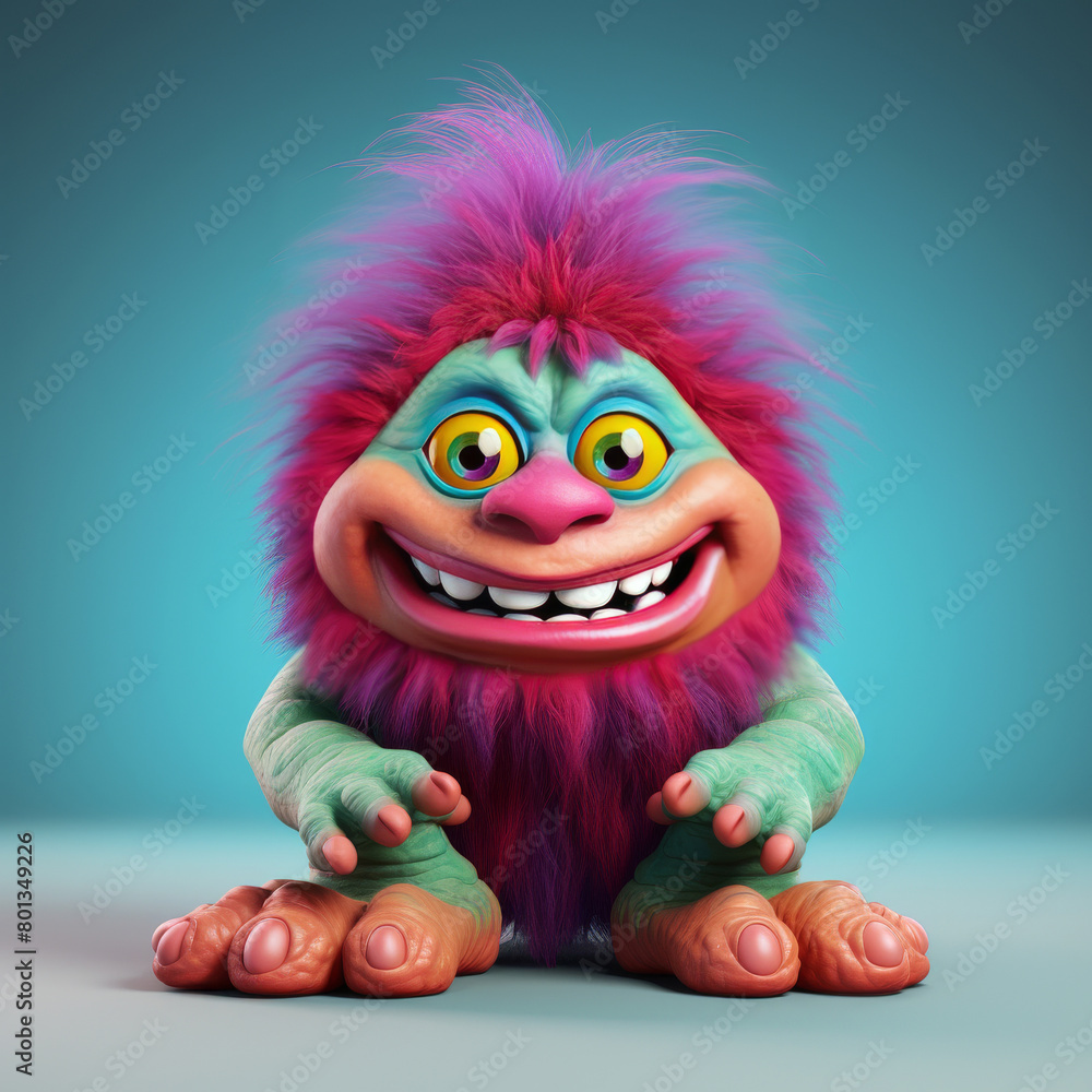 Obraz premium An adorable 3D cartoon model of a small monster with fluffy fur, a red nose, and small teeth is smiling with a friendly and innocent face.