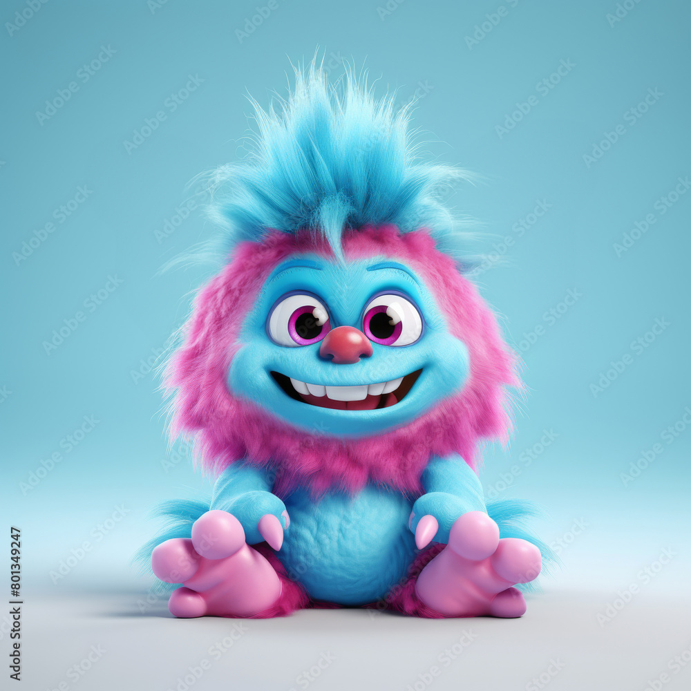 An adorable 3D cartoon model of a small monster with fluffy fur, a red nose, and small teeth is smiling with a friendly and innocent face.