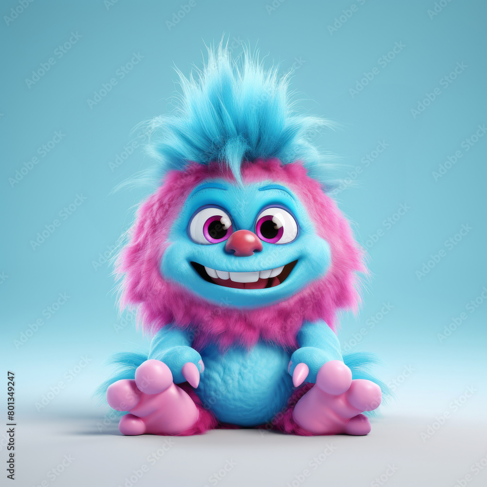 An adorable 3D cartoon model of a small monster with fluffy fur, a red nose, and small teeth is smiling with a friendly and innocent face. An adorable 3D cartoon model of a small monster with fluffy fur, a red nose, and small teeth is smiling with a friendly and innocent face.