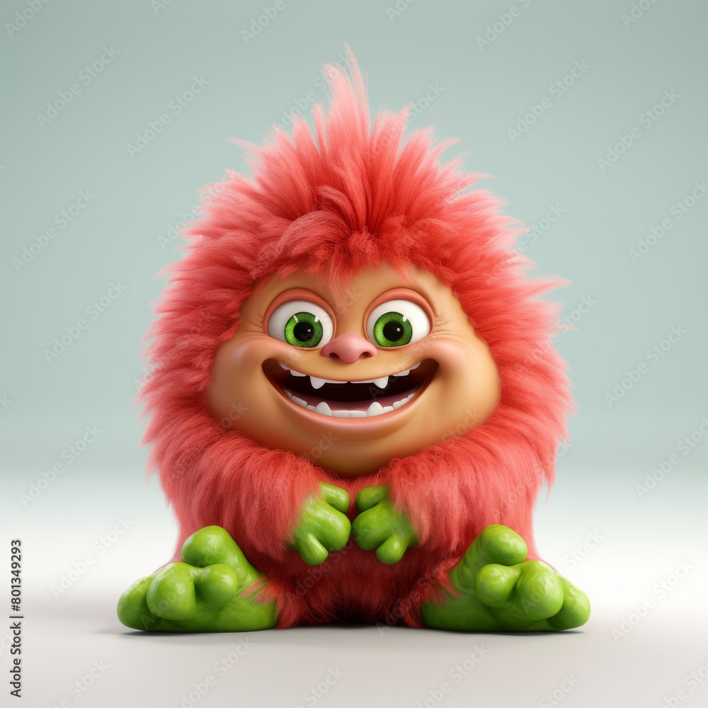 An adorable 3D cartoon model of a small monster with fluffy fur, a red nose, and small teeth is smiling with a friendly and innocent face.