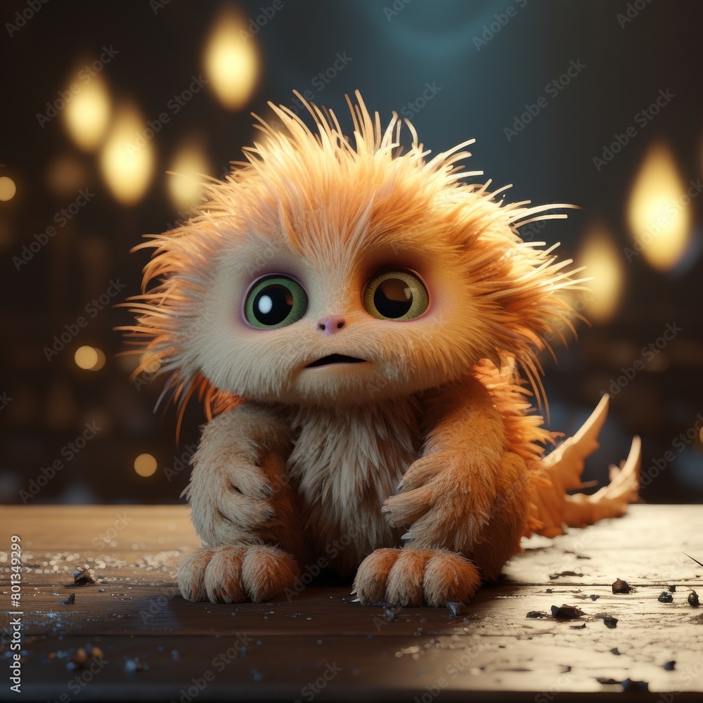 An adorable 3D cartoon model of a small monster with fluffy fur, a red nose, and small teeth is smiling with a friendly and innocent face. An adorable 3D cartoon model of a small monster with fluffy fur, a red nose, and small teeth is smiling with a friendly and innocent face.
