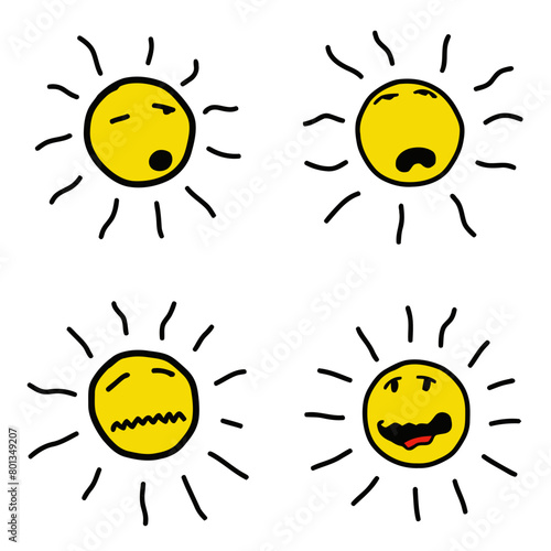 Cartoon happy sun with disturbed, sleepy, yawning, sick or drunk, tired and annoyed gesture. Vector for kids, children, drawing book, cheerful, yellow emoji or emoticon illustration.
