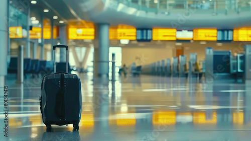 Capturing the essence of travel solitude, this image portrays a lone traveler with a carry-on amidst the vast emptiness of an airport space, evoking a sense of wanderlust and adventure. photo
