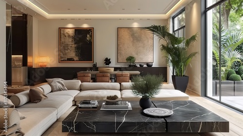 Art Deco interior design of modern living room, home. Loft interior design of modern living room, minimalist home with tv. © zakir