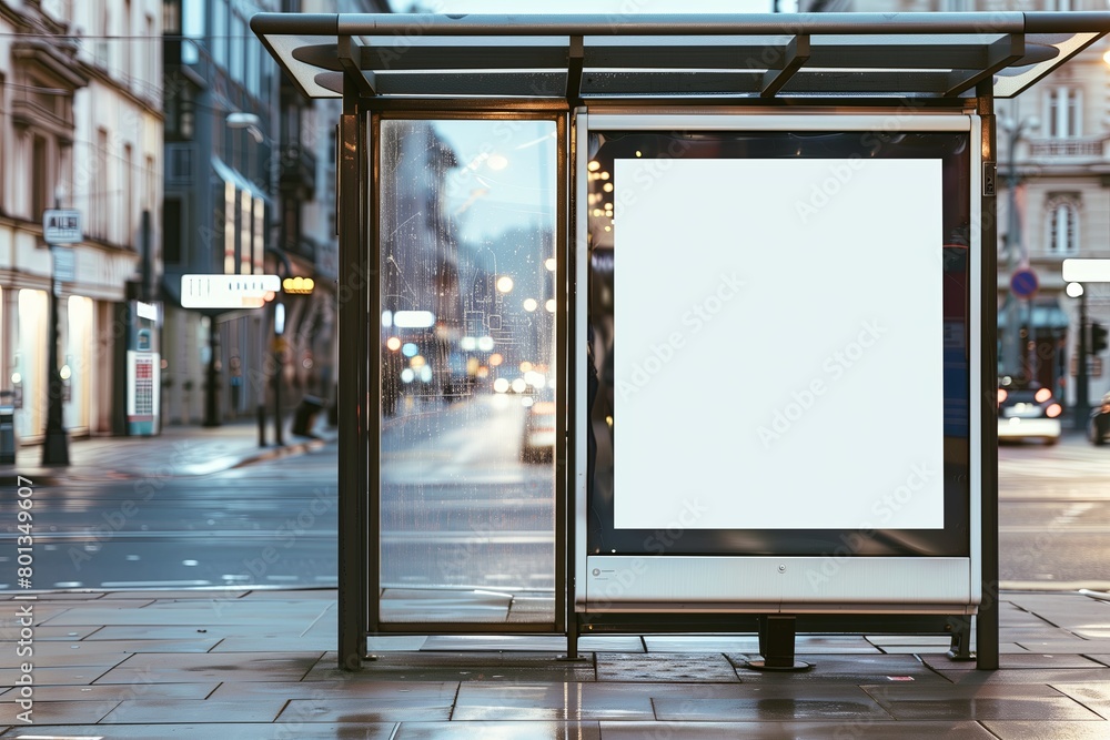 Obraz premium Blank mockup of an advertisement on a bus stop in the city