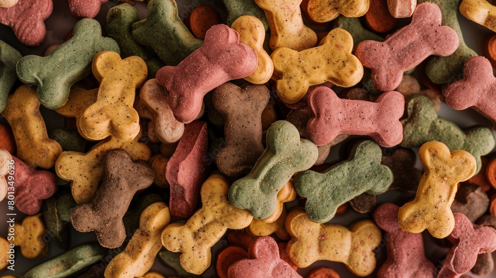 Fototapeta premium Close-up of colorful dog treats shaped like bones, emphasizing the diverse textures and hues.