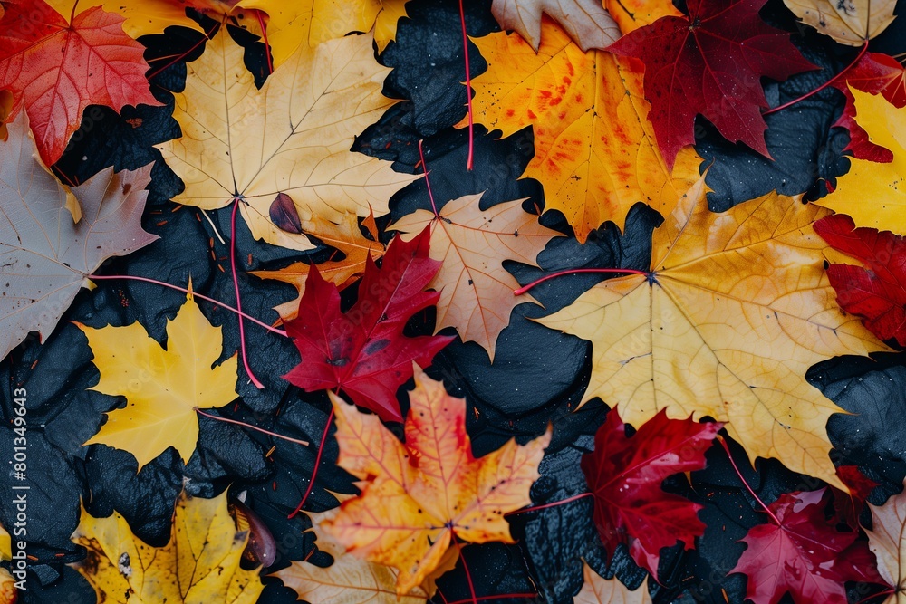 Fallen maple leaves in red, yellow and orange colors lie on the ground, empty space for text. The concept of fall Fallen maple leaves in red, yellow and orange colors lie on the ground, empty space for text. The concept of fall