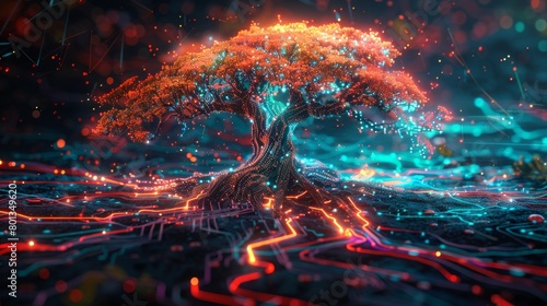 Vibrant digital tree with dynamic roots in a vivid matrix, symbolizing the fusion of organic life and digital realms, concept of cybernetics and virtual growth