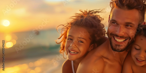 A family, have fun on holiday at the beach, their laughter and happiness captured in heartwarming, Happy family having fun at the beach, sunset