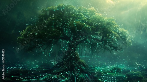 Mystical digital tree thriving under a rain of data, an artistic fusion of natural life and cyber reality, concept of digital ecosystem and information flow