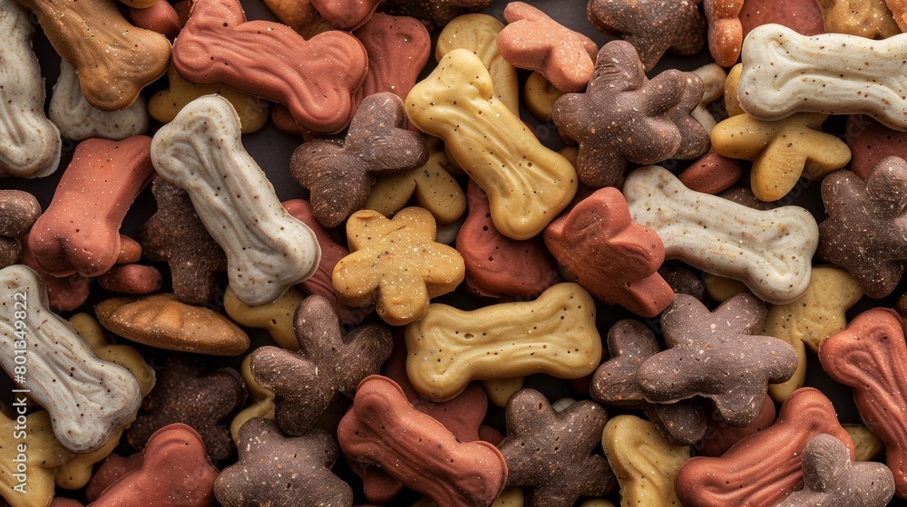 Fototapeta premium Close-up image of a variety of colorful dog treats in bone and paw shapes.
