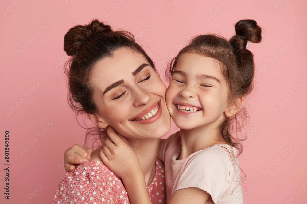 Portrait of a happy mother and little daughter on a pink background. AI generated Portrait of a happy mother and little daughter on a pink background. AI generated
