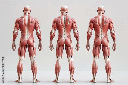 The muscular system of the backside of a full-length human being. Concept of human anatomy